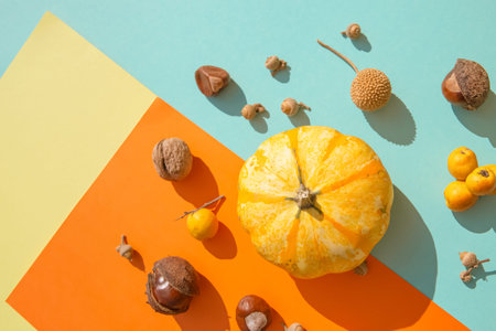 Autumn creative composition made of pumpkin, nuts and acorns on colorful geometric background....