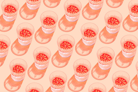 Creative pattern made with glass with lemonade or water and sliced citrus on pastel background....