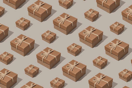 Creative pattern made with present boxes with bows on pastel background. Christmas or birthday gift concept. Minimal style.の写真素材