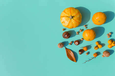 Autumn creative composition made of pumpkin, nuts and acorns on blue background. Autumn, fall, halloween concept. Flat lay, top view.の写真素材