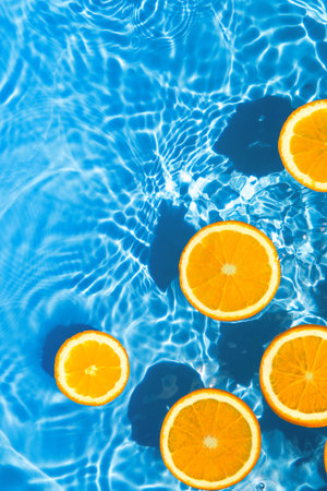 Creative summer composition made of sliced orange in transparent pool water. Refreshment concept....