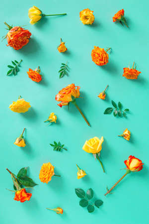 Summer floral pattern made of beautiful rose buds on pastel background. Nature concept. Minimal style. Top view. Flat layの写真素材