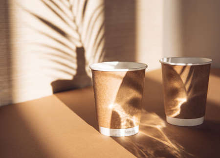 Creative composition made of two paper cups on sunlit background with shadows. Minimal style. Morning drinks and refreshment concept.の写真素材