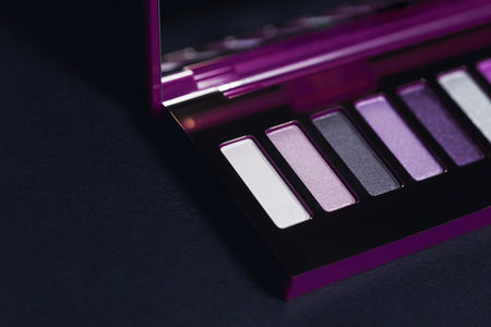 Professional multicolor eyeshadow palette on black background. Trendy makeup concept. Beautiful set of shadows for eyes close upの写真素材