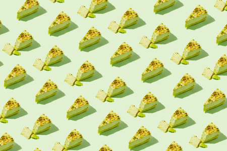 Creative pattern made of piece of pistachio cheesecake on green pastel background. Healthy dessert...
