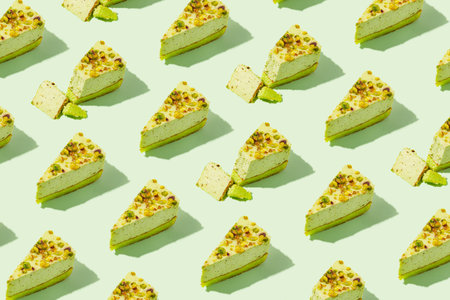 Creative pattern made of piece of pistachio cheesecake on green pastel background. Healthy dessert...