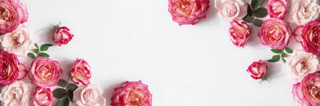 Floral composition made of beautiful pink rose buds lying on white background with sunlight. nature concept. summer theme. minimal style. top view. flat layの写真素材