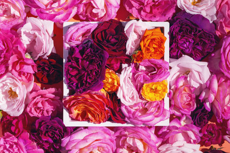 Beautiful colorful rose buds in frame on white background. Summer floral composition. nature...