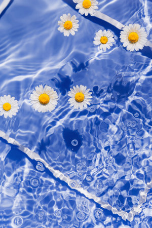 Daisy flowers in blue transparent water with white frame. Summer floral composition with sun and shadows. nature concept. top view. selective focusの写真素材