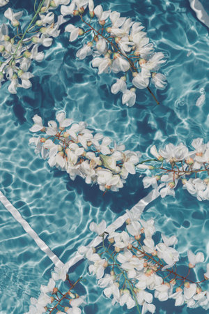 White acacia flowers in blue transparent water. Summer floral composition with sun and shadows....