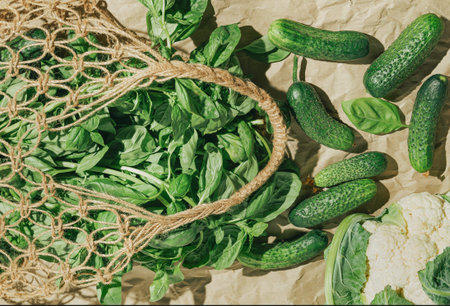 Creative layout made of fresh basil and cucumbers in mesh bag on craft papar background with...