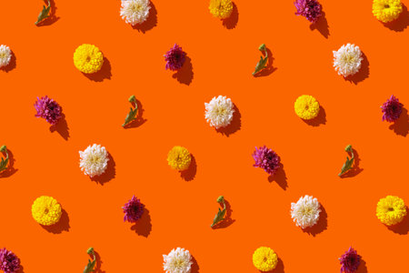 Creative pattern made of chrysanthemum flowers on bright orange background. floral backdrop. Minimal style composition. top view. flat layの写真素材