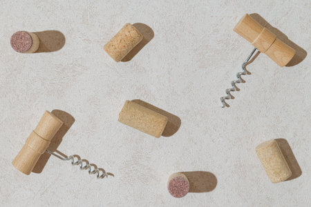 Creative pattern made of corkscrew and cork of wine on pastel background with shadows. Date, party and celebration concept. top view. flat layの写真素材