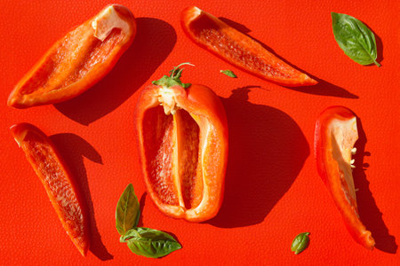 Bright creative composition made of sliced bell pepper on red background. minimal style. Healthy food ingredient conceptの写真素材