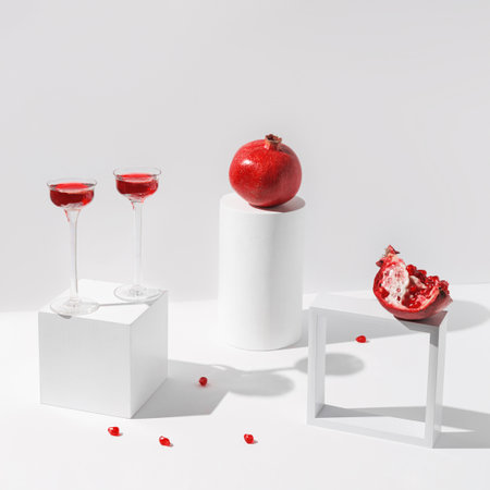 Two glasses of red juice or wine and pomegranates on a geometric podiums on white background with shadow. Summer refreshment concept. Minimal style.の写真素材
