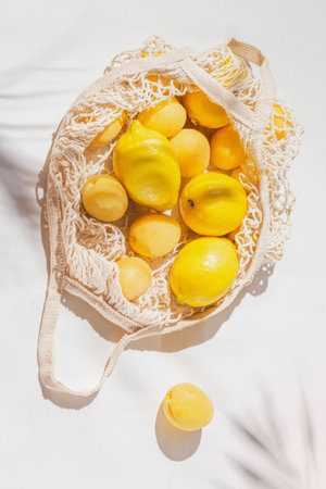 Fresh lemon and apricot fruits in a string bag on a white sunlit background. Healthy food concept. Eco friendly themeの写真素材