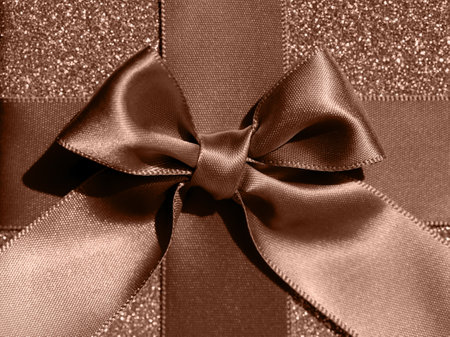 Present box with bow close up. Christmas or birthday gift. Celebration and party concept. Flat lay. Top view.の写真素材