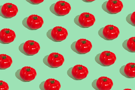Creative pattern made of fresh raw red tomatoes on pastel background. Healthy food concept.の写真素材
