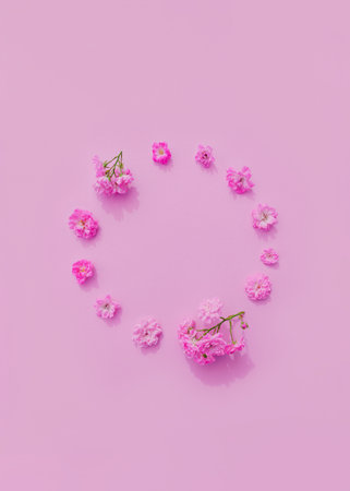 Beautiful rose buds lying as a round frame on pastel pink background. Nature and holiday concept. Minimal style composition. Top view. Flat layの写真素材
