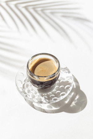 A cup of coffee on white background with palm tree leaf shadow. Minimal styleの写真素材