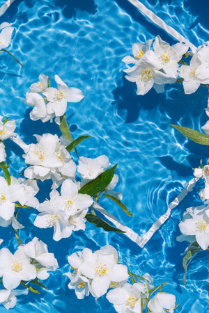 Summer floral composition made of white jasmine flowers in blue transparent water with sun and shadows. Nature concept. Top view. Selective focusの写真素材