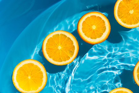 Creative summer composition made of sliced orange in transparent pool water. Refreshment concept. Healthy refreshing drink theme. Top viewの写真素材