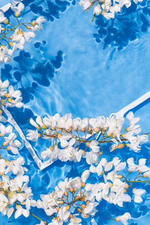 White acacia flowers in blue transparent water. Summer composition with sun and shadows. Nature concept. Top view. Selective focusの写真素材