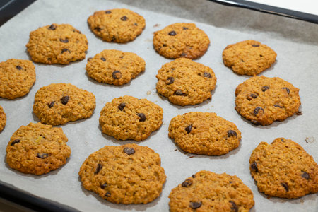 Homemade oatmeal cookies with chocolate chips on a baking sheet.の写真素材