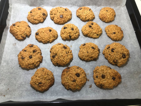 Homemade oatmeal cookies with chocolate chips on the baking sheet.の写真素材