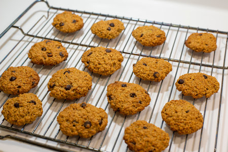 Homemade oatmeal cookies with chocolate chips on a cooling rack.の写真素材