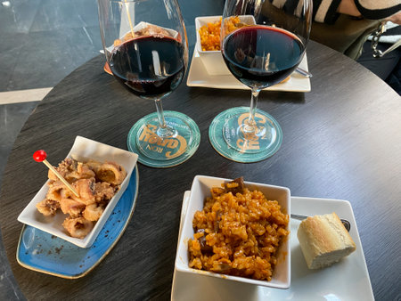 Wine and snacks in a restaurant on the terrace of a restaurantの写真素材