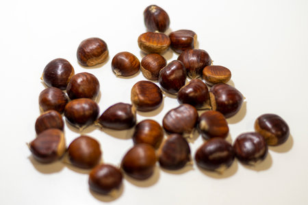 Chestnuts on a white background. Shallow depth of field.の写真素材
