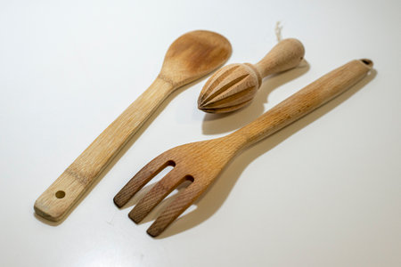 wooden kitchen utensils isolated on white background, stock photoの写真素材
