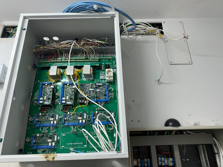 Electronic circuit board with wires and cables in a power supply cabinetの写真素材