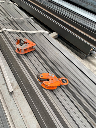 The crane hook on the steel sheet at the construction site, closeup of photoの写真素材