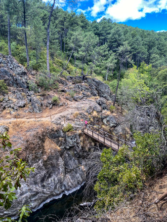 Hiking trail in the mountains of the Sierra de Guadiana, Spainの写真素材