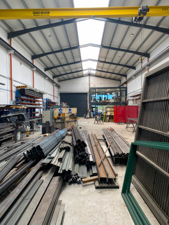 Warehouse of metal products in a modern factory. Industry background.の写真素材