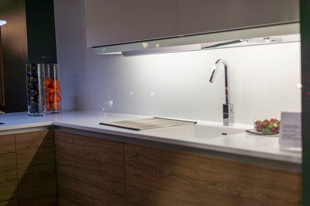 Interior of modern kitchen with sink and faucet, selective focusの写真素材