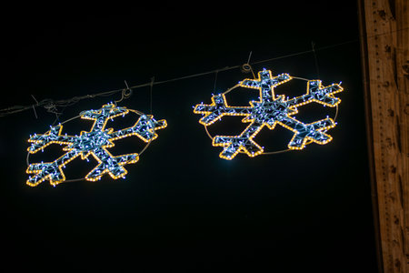christmas decoration on black background, christmas lights on black backgroundの写真素材