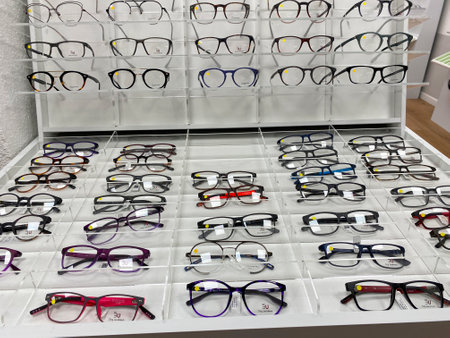 Display of eyeglasses in an optician's shop window.の写真素材