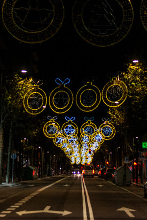 Bicycle lights on the street at night in Prague, Czech Republicの写真素材