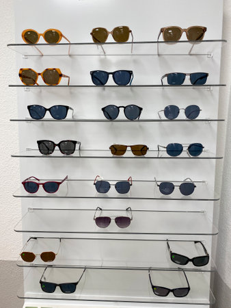 Sunglasses on a shelf in a store in Lisbon, Portugalの写真素材