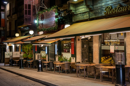 Restaurants in Lisbon at nightの写真素材