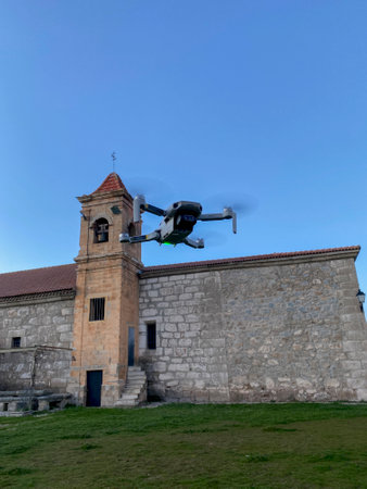 Drone flying over the old church in the city of Veliko Tarnovo, Bulgariaの写真素材