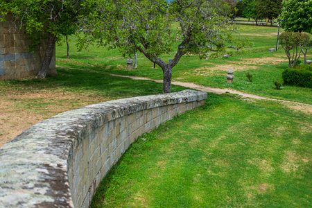 Stone wall in the park with green grass and trees in the backgroundの写真素材