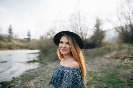 girl blogger. Journey. Fresh air and natureの写真素材