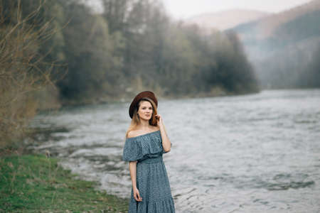 active lifestyle. Walk on the nature. The noise of the river and the singing of birdsの写真素材