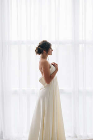 Woman White Dress, Fashion Model in Long Silk Gown, Waving Flying Fabric, Fluttering on Windの写真素材