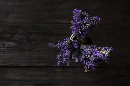 Top view of the three fragrant bouquets of Provencal lavender in a vase. place under the...