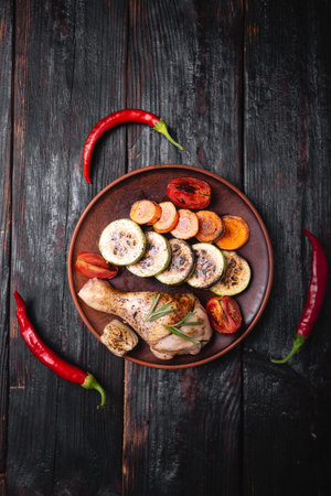 baked vegetables on a plate, a piece of meat cooked on the grill. Dark background and place for your text.の写真素材